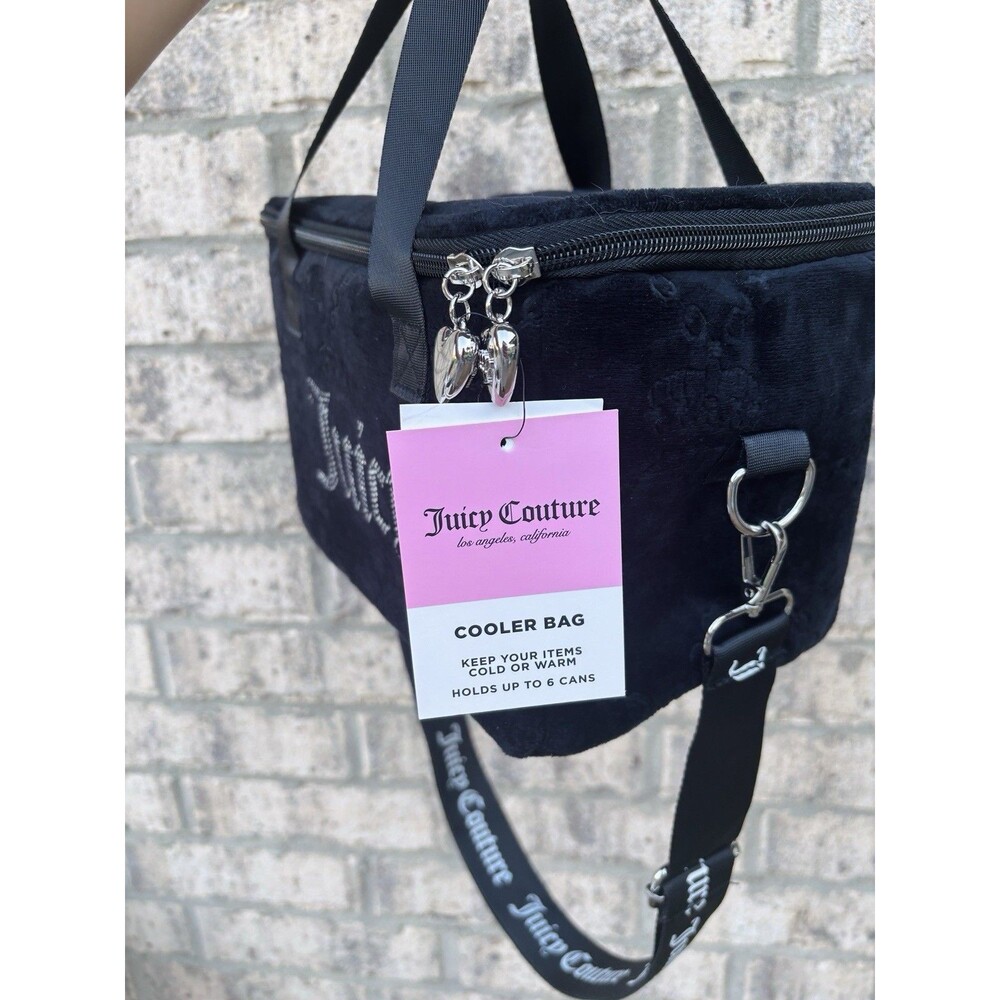 Juicy Couture Black Velour Cooler Bag Rhinestone Logo Insulated Lunch Tote NWT - Picture 2 of 4